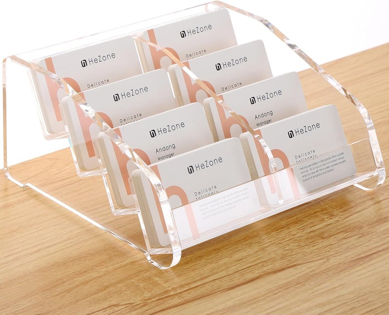 HeZone Business Card Holder for Desk Clear Acrylic Cards Stand Rack Multiple 8 slots 4 Tier, Business Card HolderDisplay for Women and Men Organize 400 Cards (8 Slots) - Image 1
